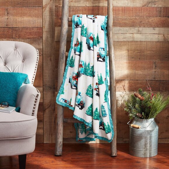 Pioneer Woman Plus Throw Blanket Polyester Teal Vintage Truck - Picture 1 of 4